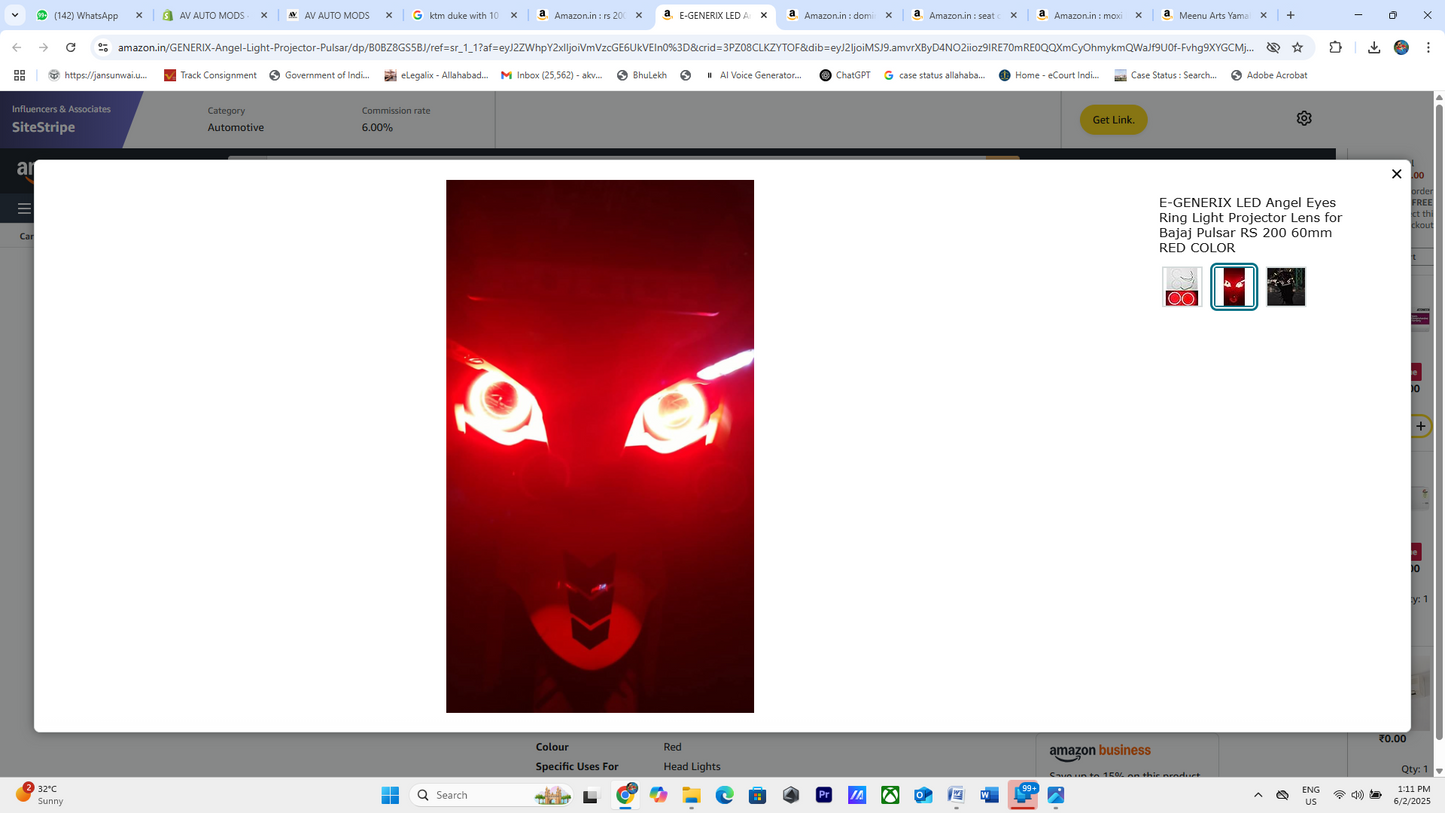 LED Angel Eyes Ring Light Projector Lens for Bajaj Pulsar RS 200 60mm RED COLOR